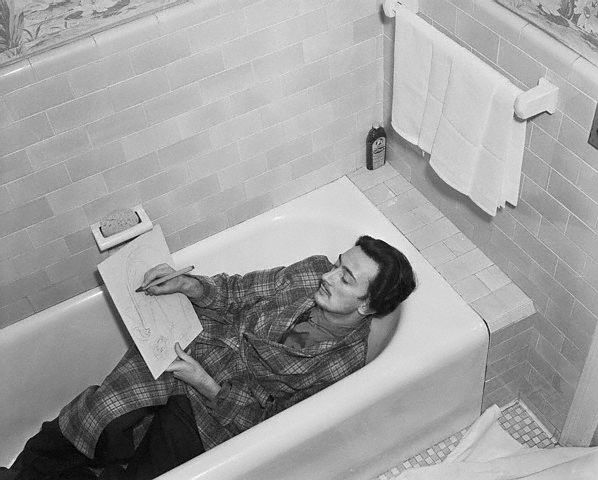Salvador Dali Drawing in Bathtub